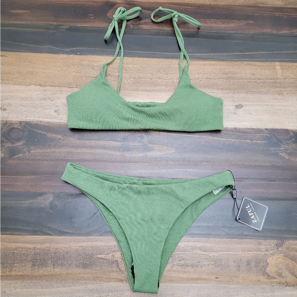 Zaful Bikini Swimsuit Strappy Lace Up Top Ribbed Olive Green Size L (8) - NWT - Picture 6 of 10